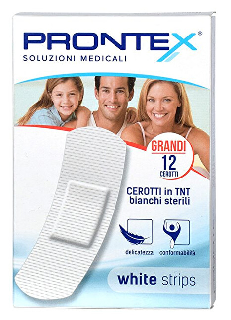 CEROTTO PRONTEX WHITE STRIPS IN TESSUTO NON TESSUTO BIANCO STERILE SCATOLA 12 CEROTTI GRANDI - latuafarmacia.org