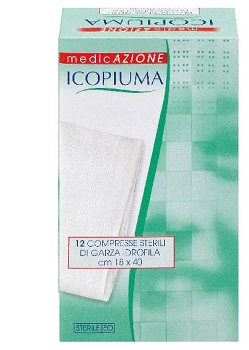 ICOPIUMA GARZA COMPRESSA IDROFILA IN COTONE PIEGATA STERILE SENZA FILO DI BARIO TITOLO 12/8 MISURA 18X40 CM IN BUSTA SINGOLA 12 PEZZI - latuafarmacia.org
