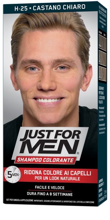 JUST FOR MEN SHAMPOO COLORANTE H25 CASTANO CHIARO ATTIVATORE CHIARO 38,5 ML + BASE COLORE 27,5 ML - latuafarmacia.org