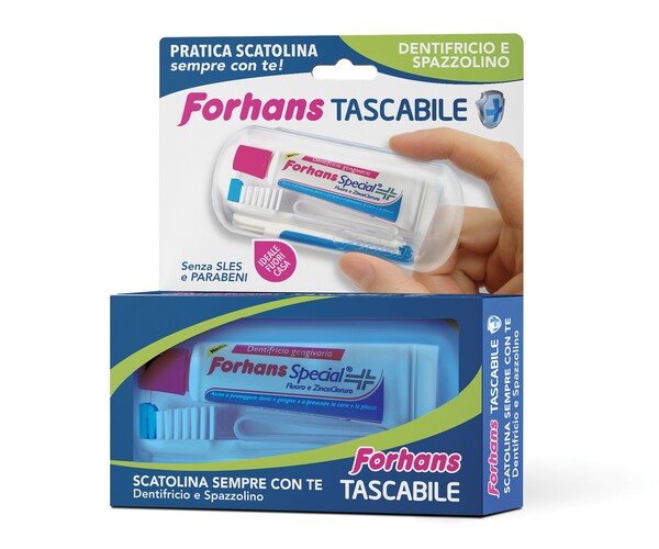 FORHANS TRAVEL KIT TASCABILE COMPOSTO DA SPAZZOLINO DA VIAGGIO + FORHANS SPECIAL PASTA DENTIFRICIA TUBETTO 12,5 ML - latuafarmacia.org