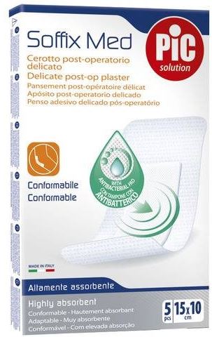 CEROTTO PIC SOFFIX MED IN TNT CON TAMPONE CENTRALE ASSORBENTE STERILE MONOUSO 10X15 CM ANTIBATTERICO 5 PEZZI - latuafarmacia.org