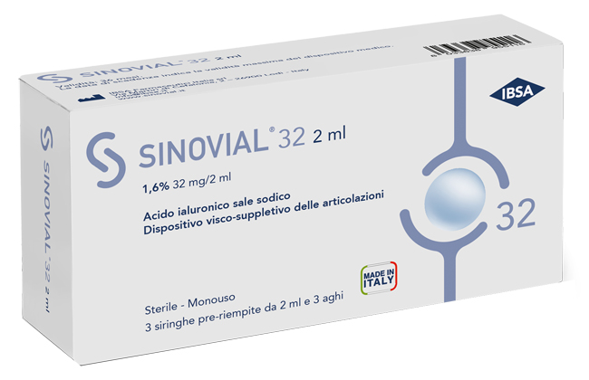 SIRINGA INTRA-ARTICOLARE SINOVIAL 32 ACIDO IALURONICO SALE SODICO 1,6% 32MG/2ML 3 SIRINGHE X 2ML + 3 AGHI - latuafarmacia.org