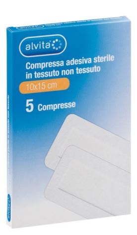 ALVITA GARZA COMPRESSA ADESIVA STERILE IN TESSUTO NON TESSUTO ESTENSIBILE BIANCO 10X15CM 5 PEZZI - latuafarmacia.org