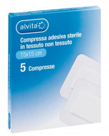 ALVITA GARZA COMPRESSA ADESIVA STERILE IN TESSUTO NON TESSUTO ESTENSIBILE BIANCO 15X15CM 5 PEZZI - latuafarmacia.org