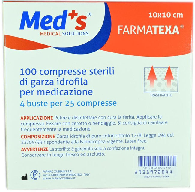 GARZA COMPRESSA IDROFILA MEDS FARMATEXA 2/8 10X10CM 100 PEZZI - latuafarmacia.org