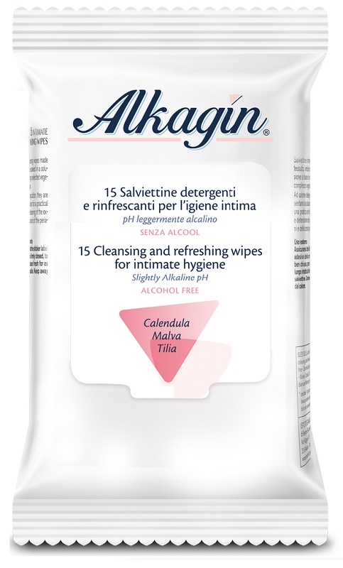 ALKAGIN SALVIETTINE DETERGENTI E RINFRESCANTI PER L'IGIENE INTIMA PH LEGGERMENTE ALCALINO SENZA ALCOOL 15 PEZZI CALENDULA MALVA E TILIA - latuafarmacia.org