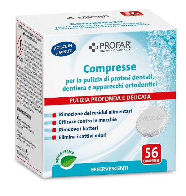 PROFAR COMPRESSE PULIZIA PROTESI DENTALI-DENTIERA-APPARECCHI ORTODONTICI 56 PEZZI - latuafarmacia.org