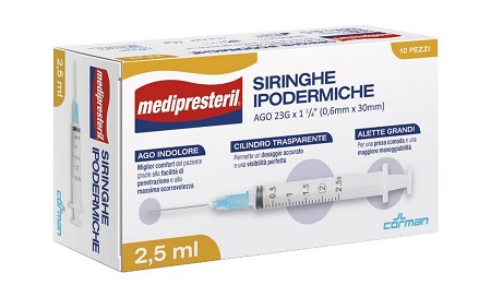 SIRINGA IPODERMICA MEDIPRESTERIL AGO 23 GAUGE 1 1/4 0,6X30MM 2,5 ML 10 PEZZI - latuafarmacia.org
