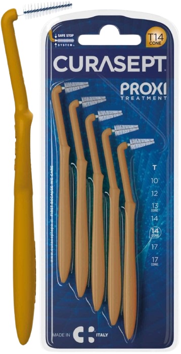 SCOVOLINO CURASEPT PROXI ANGLE MISURA T14 CONICO ISO 4 COLORE OCRA DIAMETRO 1,4 MM 5 PEZZI - latuafarmacia.org