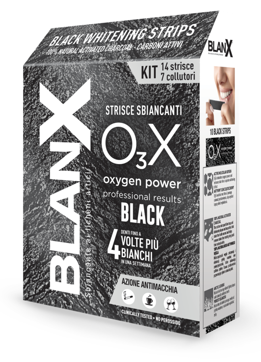 BLANX O3X BLACK STRISCE SBIANCANTI E ANTIMACCHIA 14 PEZZI - latuafarmacia.org