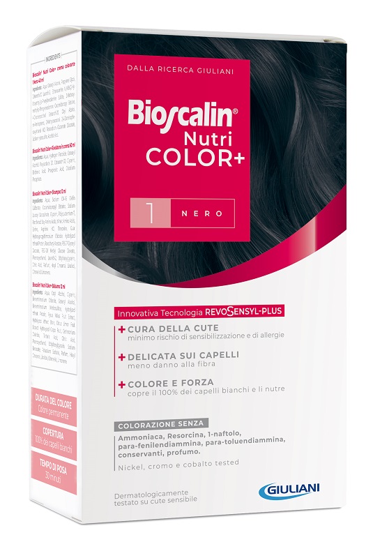 BIOSCALIN NUTRICOLOR PLUS 1 NERO CREMA COLORANTE 40 ML + RIVELATORE CREMA 60 ML + SHAMPOO 12 ML + TRATTAMENTO FINALE BALSAMO 12 ML - latuafarmacia.org