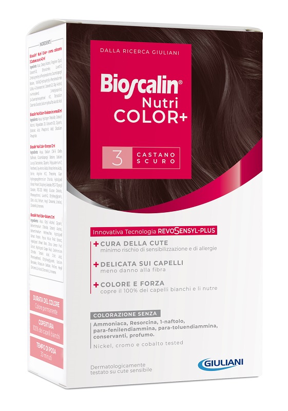 BIOSCALIN NUTRICOLOR PLUS 3 CASTANO SCURO CREMA COLORANTE 40 ML + RIVELATORE CREMA 60 ML + SHAMPOO 12 ML + TRATTAMENTO FINALE BALSAMO 12 ML - latuafarmacia.org