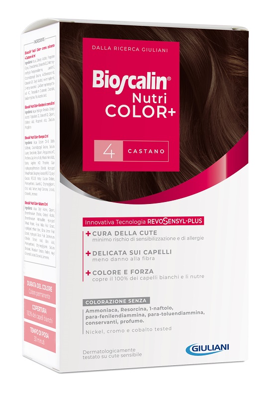 BIOSCALIN NUTRICOLOR PLUS 4 CASTANO CREMA COLORANTE 40 ML + RIVELATORE CREMA 60 ML + SHAMPOO 12 ML + TRATTAMENTO FINALE BALSAMO 12 ML - latuafarmacia.org