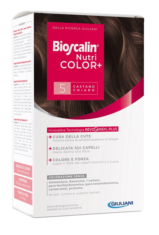 BIOSCALIN NUTRICOLOR PLUS 5 CASTANO CHIARO CREMA COLORANTE 40 ML + RIVELATORE CREMA 60 ML + SHAMPOO 12 ML + TRATTAMENTO FINALE BALSAMO 12 ML - latuafarmacia.org