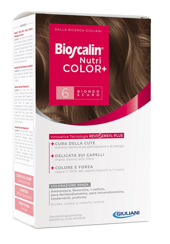 BIOSCALIN NUTRICOLOR PLUS 6 BIONDO SCURO CREMA COLORANTE 40 ML + RIVELATORE CREMA 60 ML + SHAMPOO 12 ML + TRATTAMENTO FINALE BALSAMO 12 ML - latuafarmacia.org