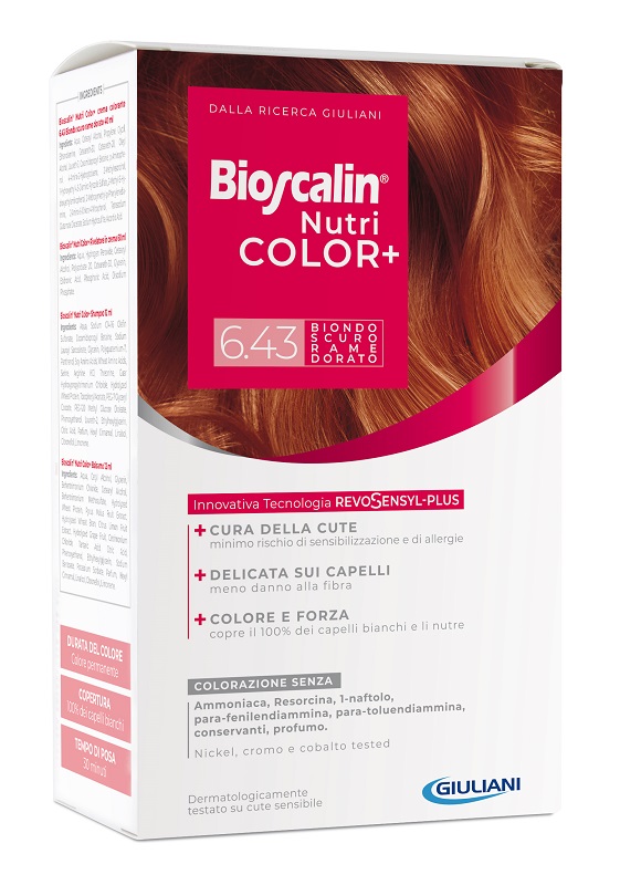 BIOSCALIN NUTRICOLOR PLUS 6,43 BIONDO SCURO RAME DORATO CREMA COLORANTE 40 ML + RIVELATORE CREMA 60 ML + SHAMPOO 12 ML + TRATTAMENTO FINALE BALSAMO 12 ML - latuafarmacia.org