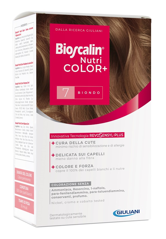 BIOSCALIN NUTRICOLOR PLUS 7 BIONDO CREMA COLORANTE 40 ML + RIVELATORE CREMA 60 ML + SHAMPOO 12 ML + TRATTAMENTO FINALE BALSAMO 12 ML - latuafarmacia.org
