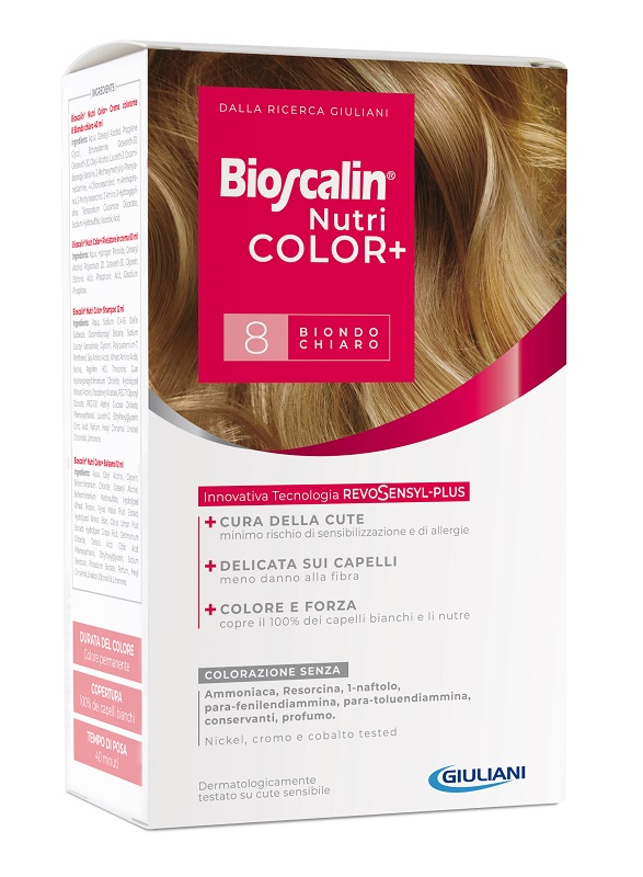 BIOSCALIN NUTRICOLOR PLUS 8 BIONDO CHIARO CREMA COLORANTE 40 ML + RIVELATORE CREMA 60 ML + SHAMPOO 12 ML + TRATTAMENTO FINALE BALSAMO 12 ML - latuafarmacia.org