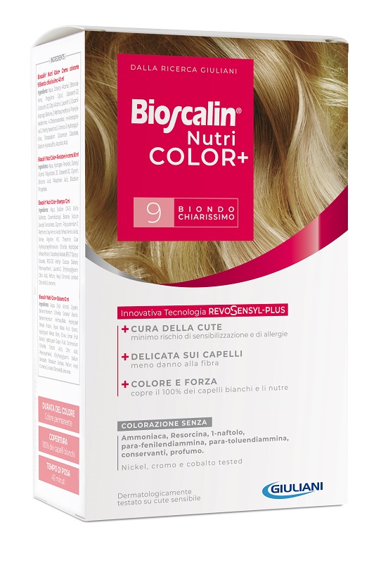 BIOSCALIN NUTRICOLOR PLUS 9 BIONDO CHIARISSIMO CREMA COLORANTE 40 ML + RIVELATORE CREMA 60 ML + SHAMPOO 12 ML + TRATTAMENTO FINALE BALSAMO 12 ML - latuafarmacia.org
