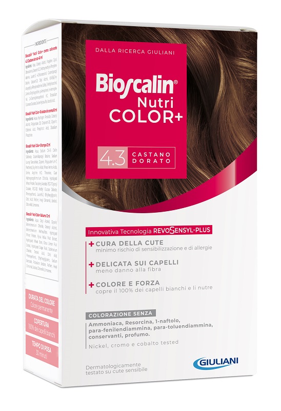BIOSCALIN NUTRICOLOR PLUS 4,3 CASTANO DORATO CREMA COLORANTE 40 ML + RIVELATORE CREMA 60 ML + SHAMPOO 12 ML + TRATTAMENTO FINALE BALSAMO 12 ML - latuafarmacia.org