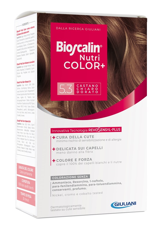 BIOSCALIN NUTRICOLOR PLUS 5,3 CASTANO CHIARO DORATO CREMA COLORANTE 40 ML + RIVELATORE CREMA 60 ML + SHAMPOO 12 ML + TRATTAMENTO FINALE BALSAMO 12 ML - latuafarmacia.org