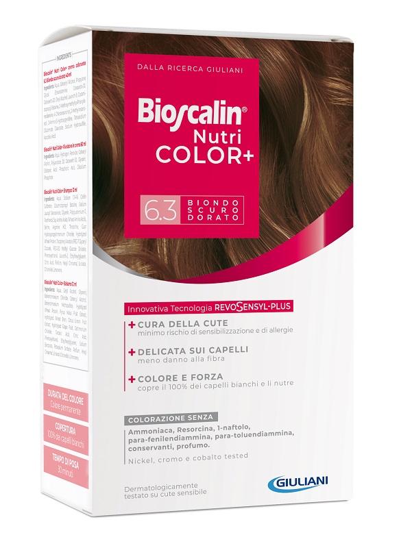BIOSCALIN NUTRICOLOR PLUS 6,3 BIONDO SCURO DORATO CREMA COLORANTE 40 ML + RIVELATORE CREMA 60 ML + SHAMPOO 12 ML + TRATTAMENTO FINALE BALSAMO 12 ML - latuafarmacia.org