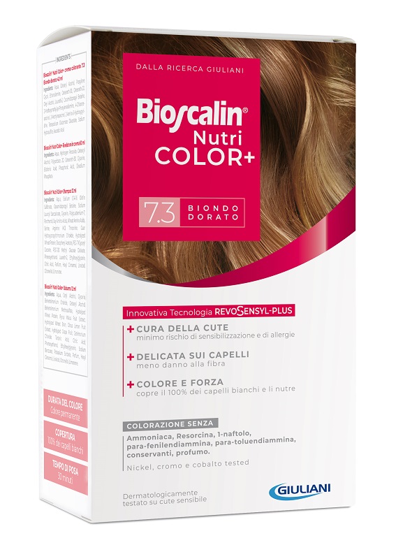 BIOSCALIN NUTRICOLOR PLUS 7,3 BIONDO DORATO CREMA COLORANTE 40 ML + RIVELATORE CREMA 60 ML + SHAMPOO 12 ML + TRATTAMENTO FINALE BALSAMO 12 ML - latuafarmacia.org