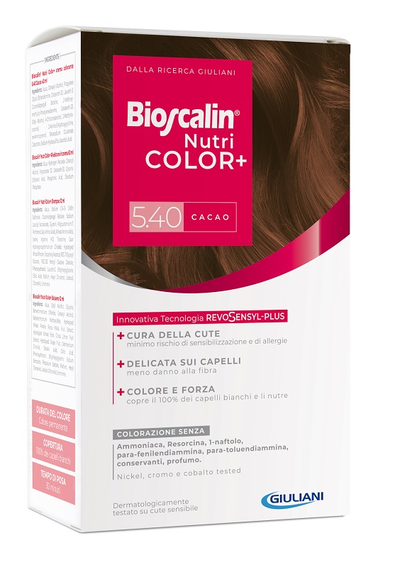 BIOSCALIN NUTRICOLOR PLUS 5,40 CACAO CREMA COLORANTE 40 ML + RIVELATORE CREMA 60 ML + SHAMPOO 12 ML + TRATTAMENTO FINALE BALSAMO 12 ML - latuafarmacia.org