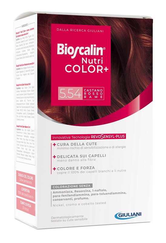 BIOSCALIN NUTRICOLOR PLUS 5,54 CASTANO ROSSO RAME CREMA COLORANTE 40 ML + RIVELATORE CREMA 60 ML + SHAMPOO 12 ML + TRATTAMENTO FINALE BALSAMO 12 ML - latuafarmacia.org