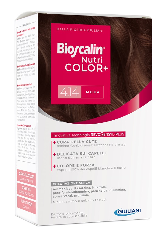 BIOSCALIN NUTRICOLOR PLUS 4,14 MOKA CREMA COLORANTE 40 ML + RIVELATORE CREMA 60 ML + SHAMPOO 12 ML + TRATTAMENTO FINALE BALSAMO 12 ML - latuafarmacia.org