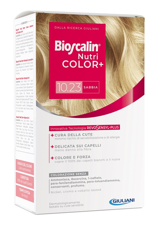 BIOSCALIN NUTRICOLOR PLUS 10,23 SABBIA CREMA COLORANTE 40 ML + RIVELATORE CREMA 60 ML + SHAMPOO 12 ML + TRATTAMENTO FINALE BALSAMO 12 ML - latuafarmacia.org