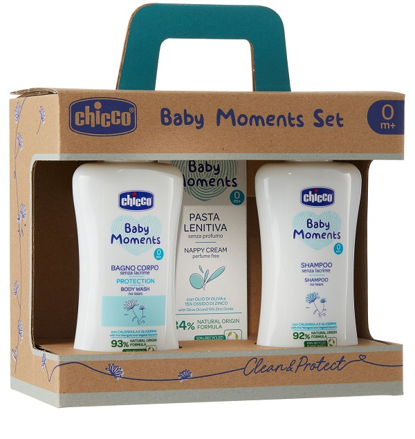 CHICCO BABY MOMENTS SET BAGNOCHIUMA PELLI DELICATE 200 ML + SHAMPOO PELLI DELICATE 200 ML + PASTA CAMBIO PELLI DELICATE 100 ML - latuafarmacia.org