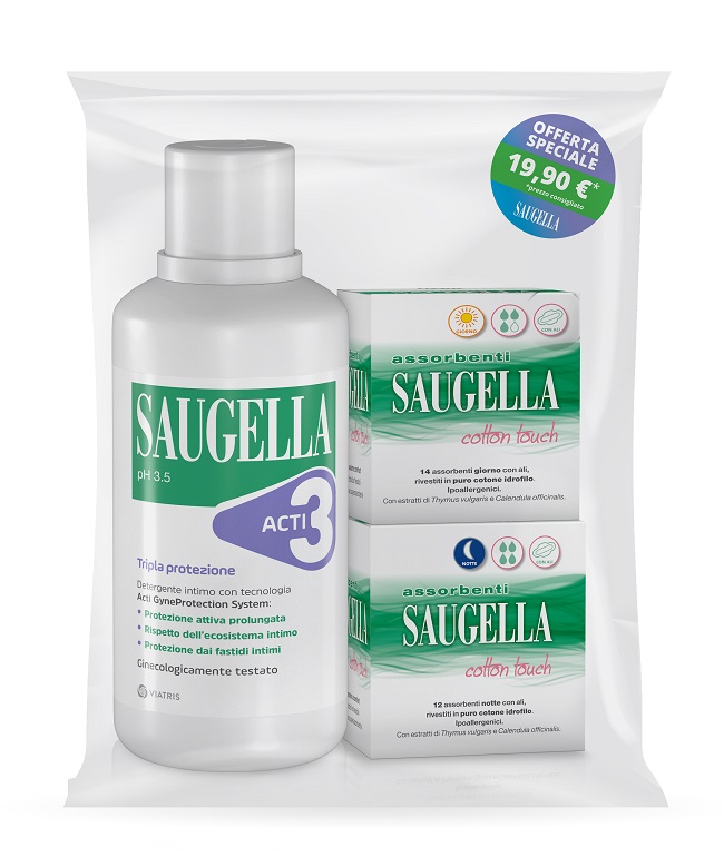 SAUGELLA ACTI3 DETERGENTE INTIMO + 2 SCATOLE ASSORBENTI GIORNO E NOTTE - latuafarmacia.org