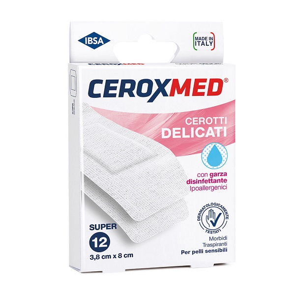 CEROTTI DELICATI CEROXMED CON GARZA DISINFETTANTE IPOALLERGENICI PER PELLI SENSIBILI SUPER 3,8X8CM 12 PEZZI - latuafarmacia.org