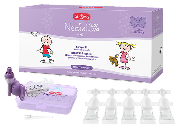 NEBIAL 3% KIT 20 FLACONCINI MONODOSE 5ML SOLUZIONE IPERTONICA CON ACIDO IALURONICO + NEBULIZZATORE SPRAY-SOL - latuafarmacia.org